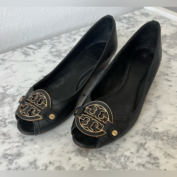 Tory Burch Shoes - Tory Burch Black Leather Logo Peep-Toe Flats with Gold Hardware